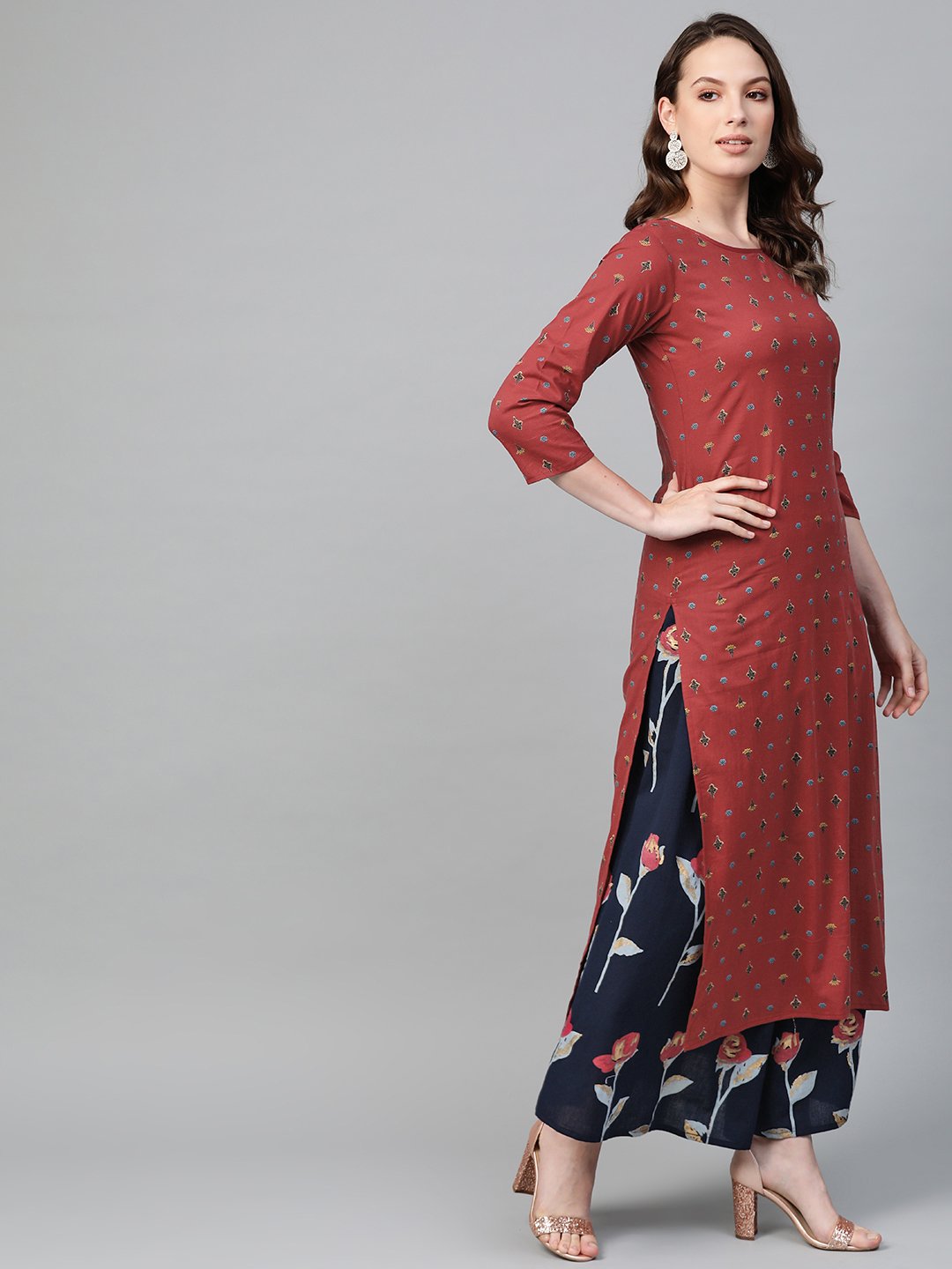 Women Maroon & Navy Blue Straight Floral Printed Kurta And Skirt Set | NOZ2TOZ - Made In INDIA.