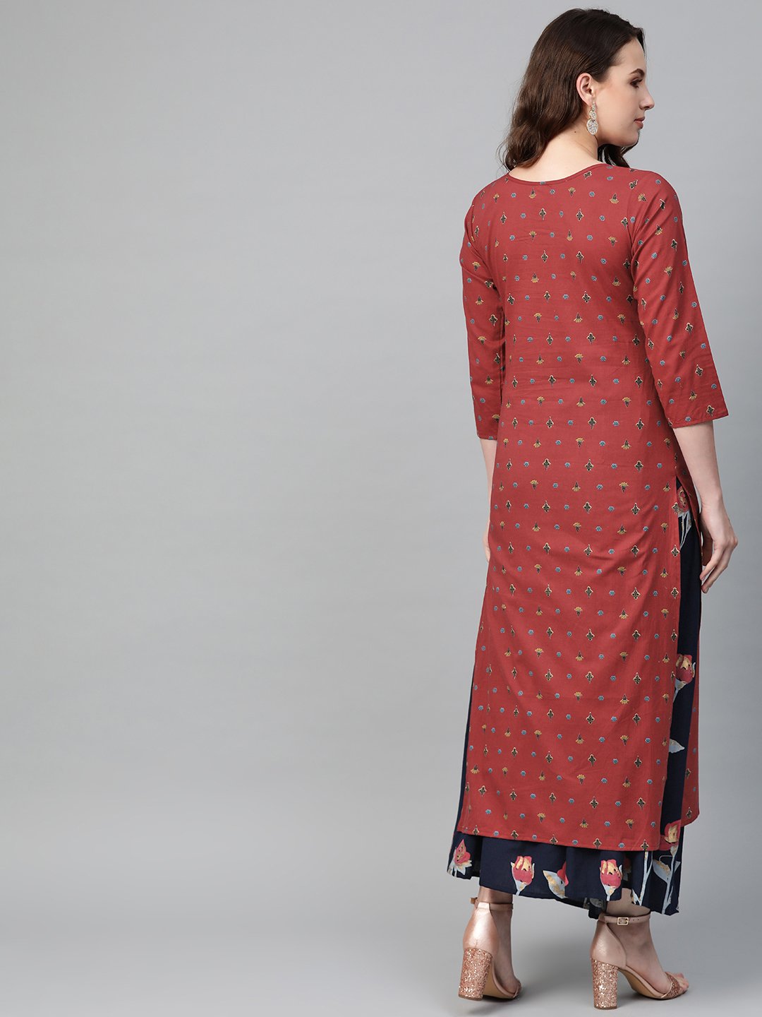 Women Maroon & Navy Blue Straight Floral Printed Kurta And Skirt Set | NOZ2TOZ - Made In INDIA.