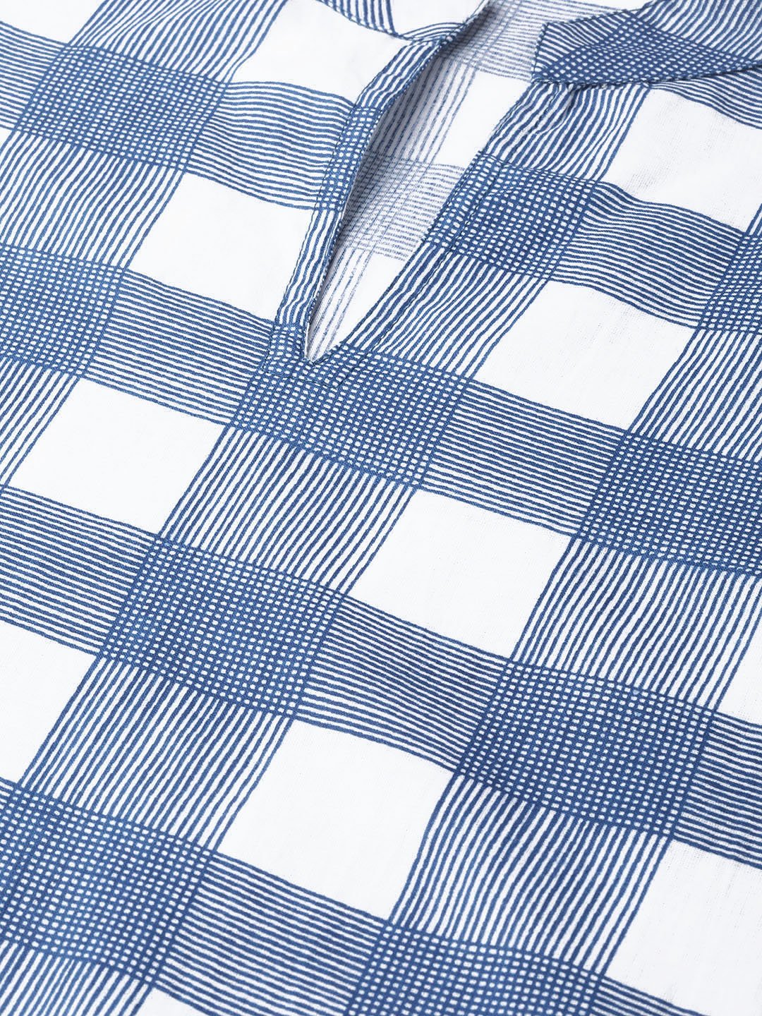 Adults-Women White & Blue Cotton Straight Checked Checked Kurta | NOZ2TOZ - Made In INDIA.