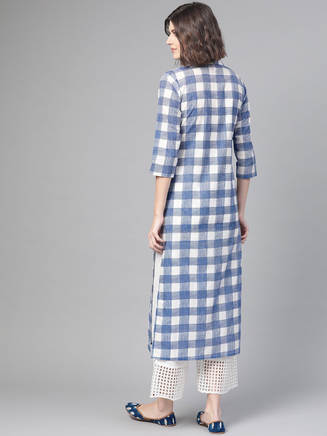 Adults-Women White & Blue Cotton Straight Checked Checked Kurta | NOZ2TOZ - Made In INDIA.