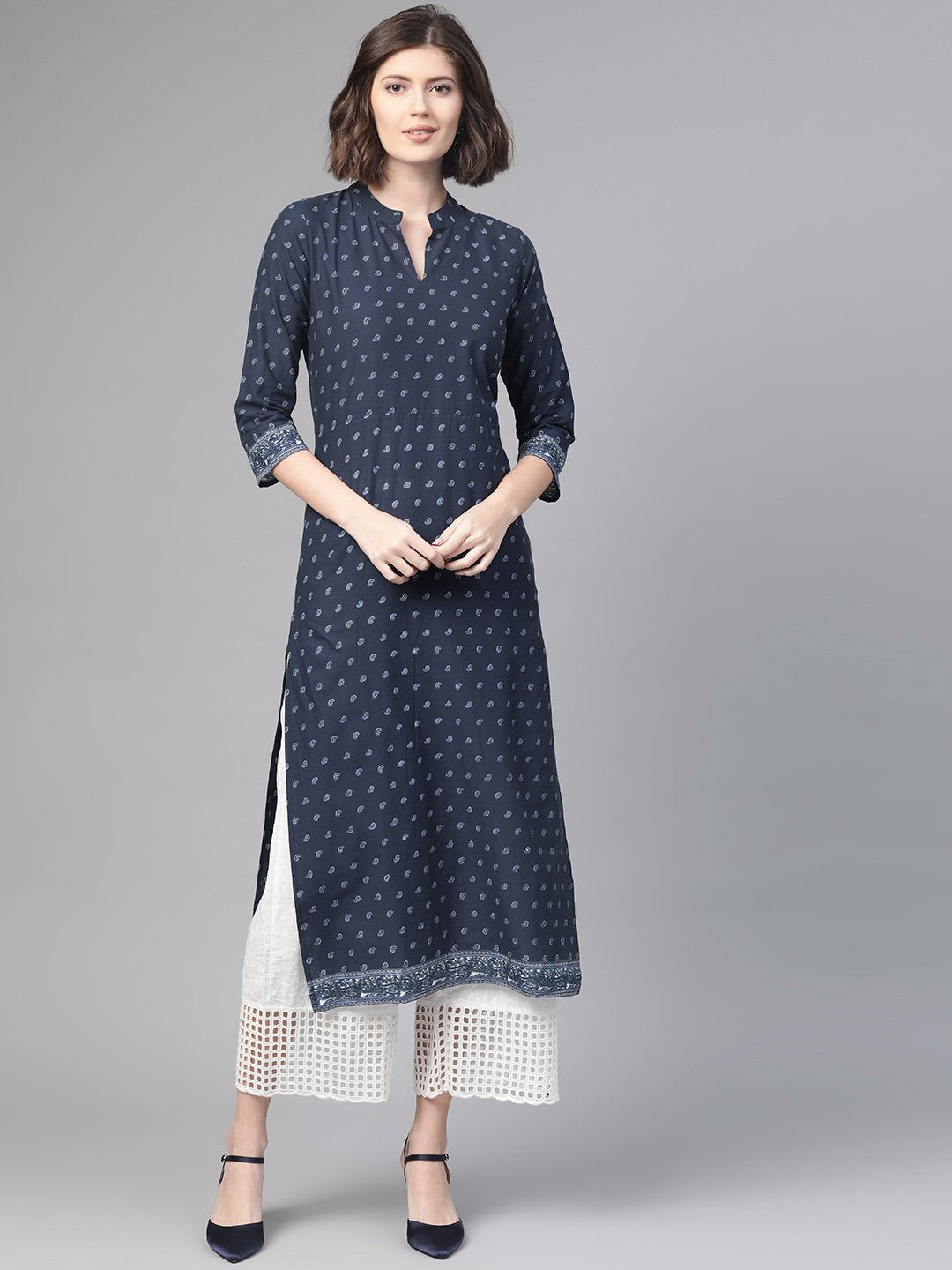 Adults-Women Navy Blue & White Cotton Straight Ethnic Motifs Printed Kurta | NOZ2TOZ - Made In INDIA.