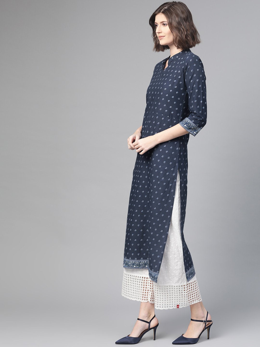 Adults-Women Navy Blue & White Cotton Straight Ethnic Motifs Printed Kurta | NOZ2TOZ - Made In INDIA.