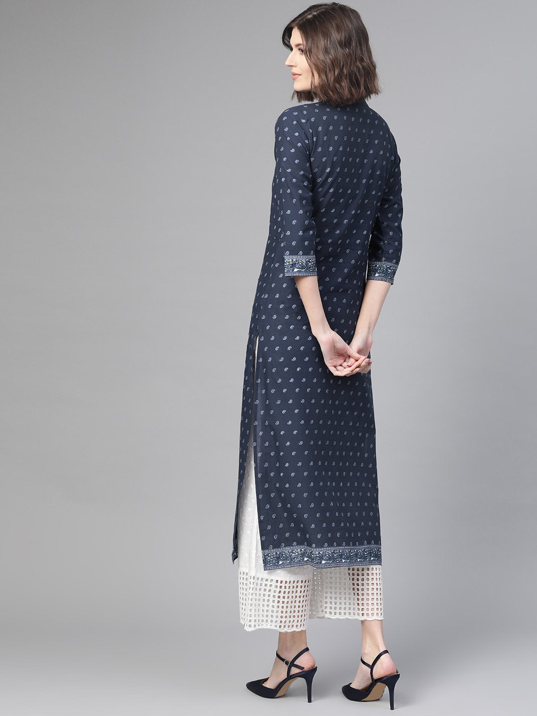 Adults-Women Navy Blue & White Cotton Straight Ethnic Motifs Printed Kurta | NOZ2TOZ - Made In INDIA.