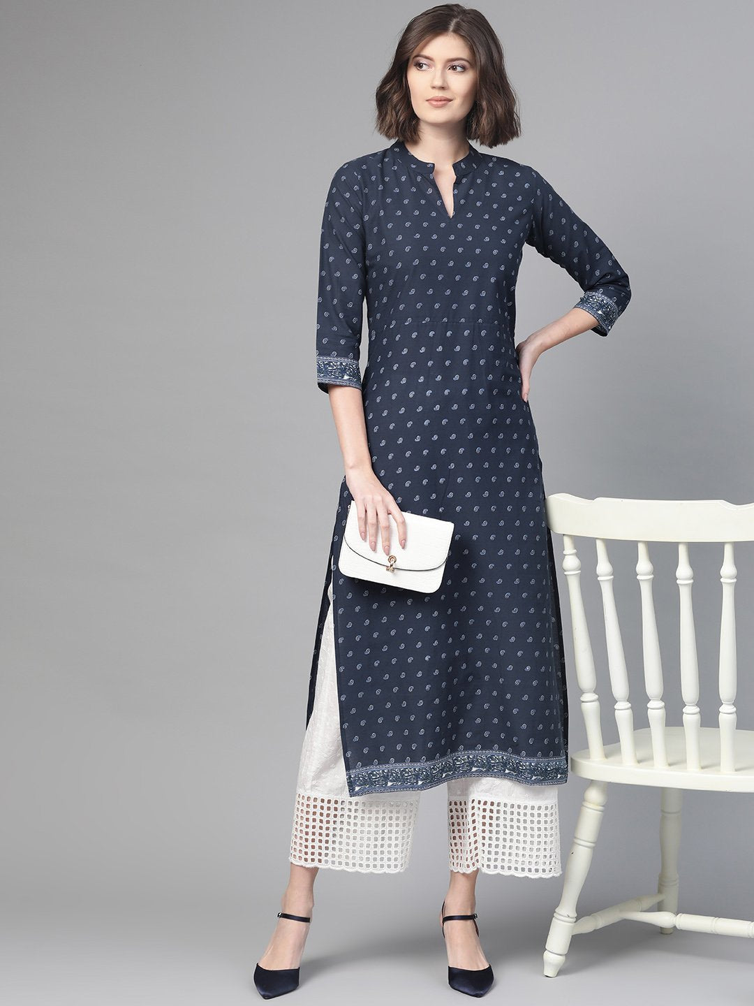 Adults-Women Navy Blue & White Cotton Straight Ethnic Motifs Printed Kurta | NOZ2TOZ - Made In INDIA.