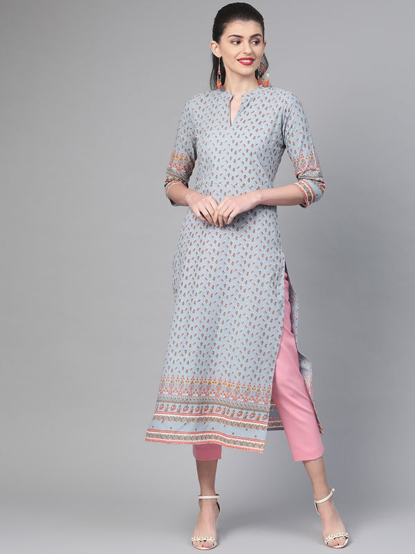 Adults-Women Blue & Pink Cotton Straight Floral Printed Kurta | NOZ2TOZ - Made In INDIA.