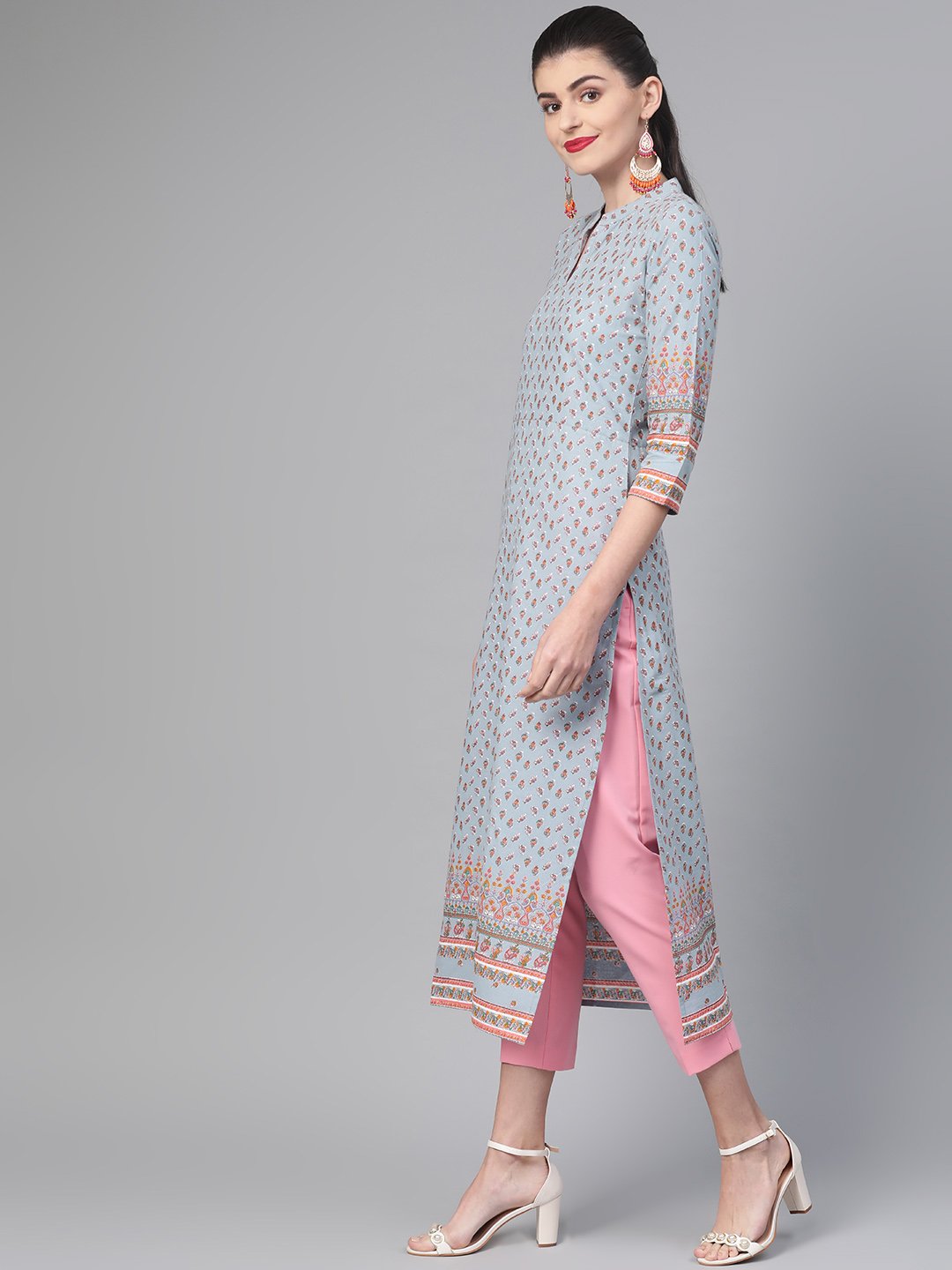 Adults-Women Blue & Pink Cotton Straight Floral Printed Kurta | NOZ2TOZ - Made In INDIA.