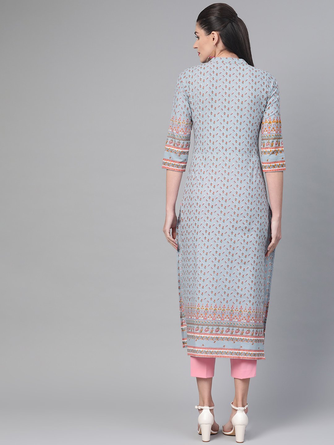 Adults-Women Blue & Pink Cotton Straight Floral Printed Kurta | NOZ2TOZ - Made In INDIA.