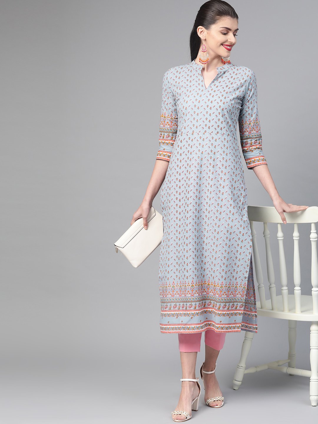 Adults-Women Blue & Pink Cotton Straight Floral Printed Kurta | NOZ2TOZ - Made In INDIA.