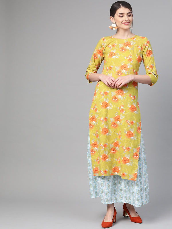 Women Green & Orange Straight Floral Printed Kurta And Skirt Set | NOZ2TOZ - Made In INDIA.