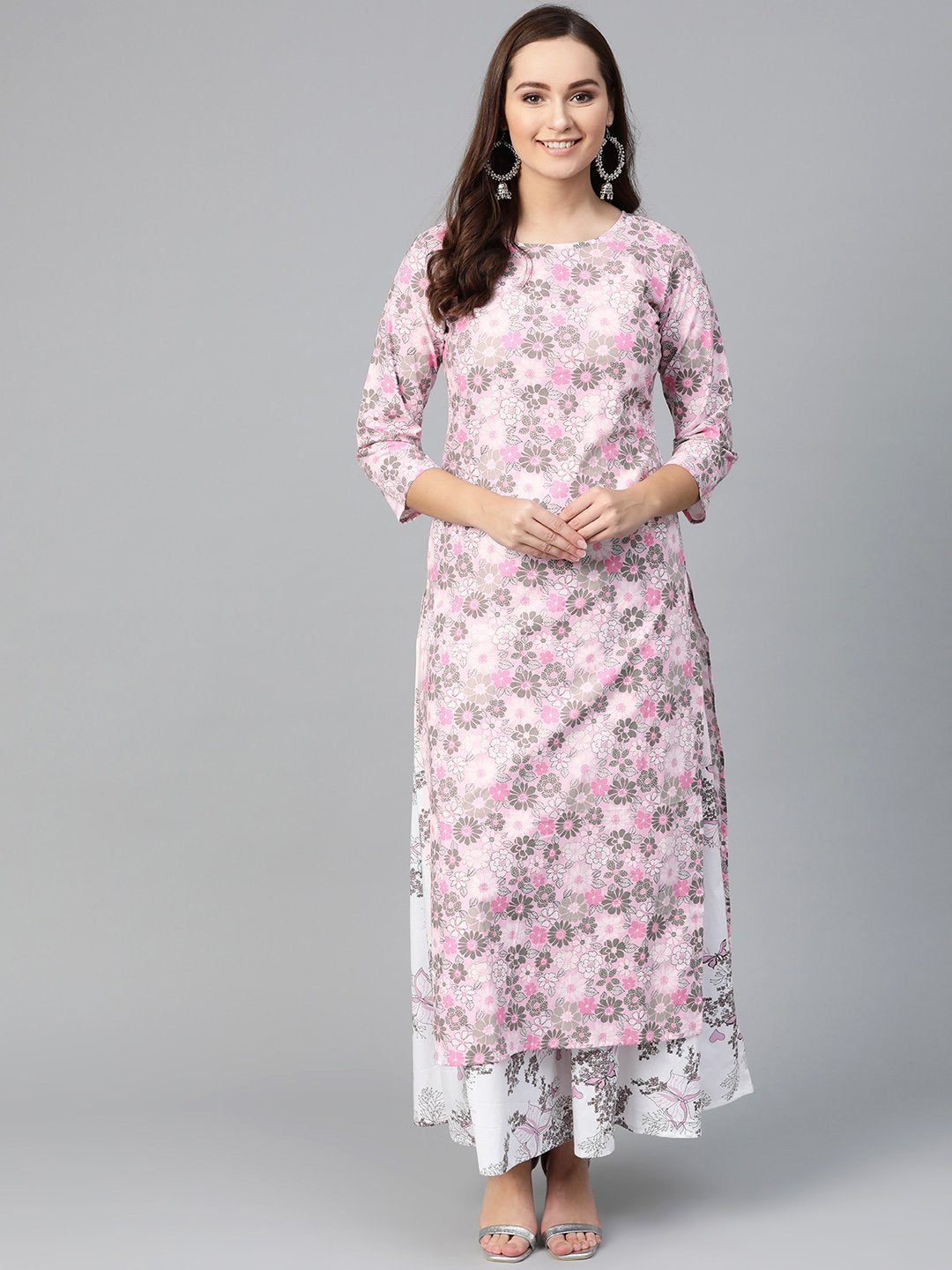 Women Pink & Grey Straight Floral Printed Kurta And Skirt Set | NOZ2TOZ - Made In INDIA.