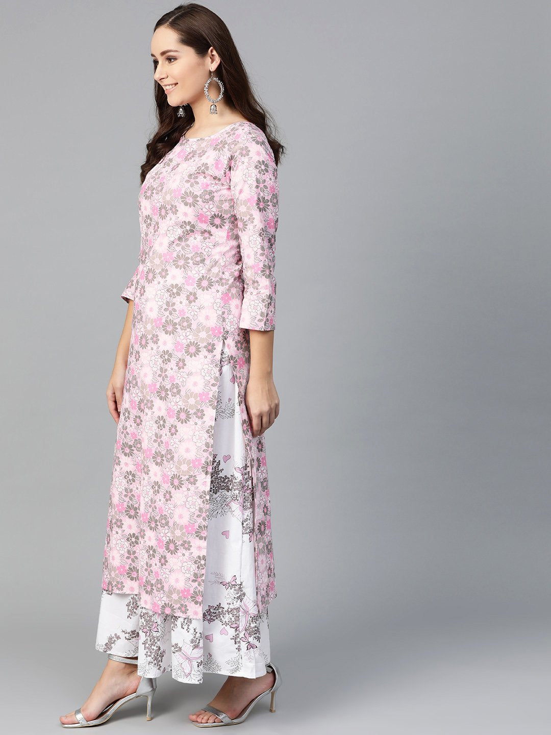 Women Pink & Grey Straight Floral Printed Kurta And Skirt Set | NOZ2TOZ - Made In INDIA.