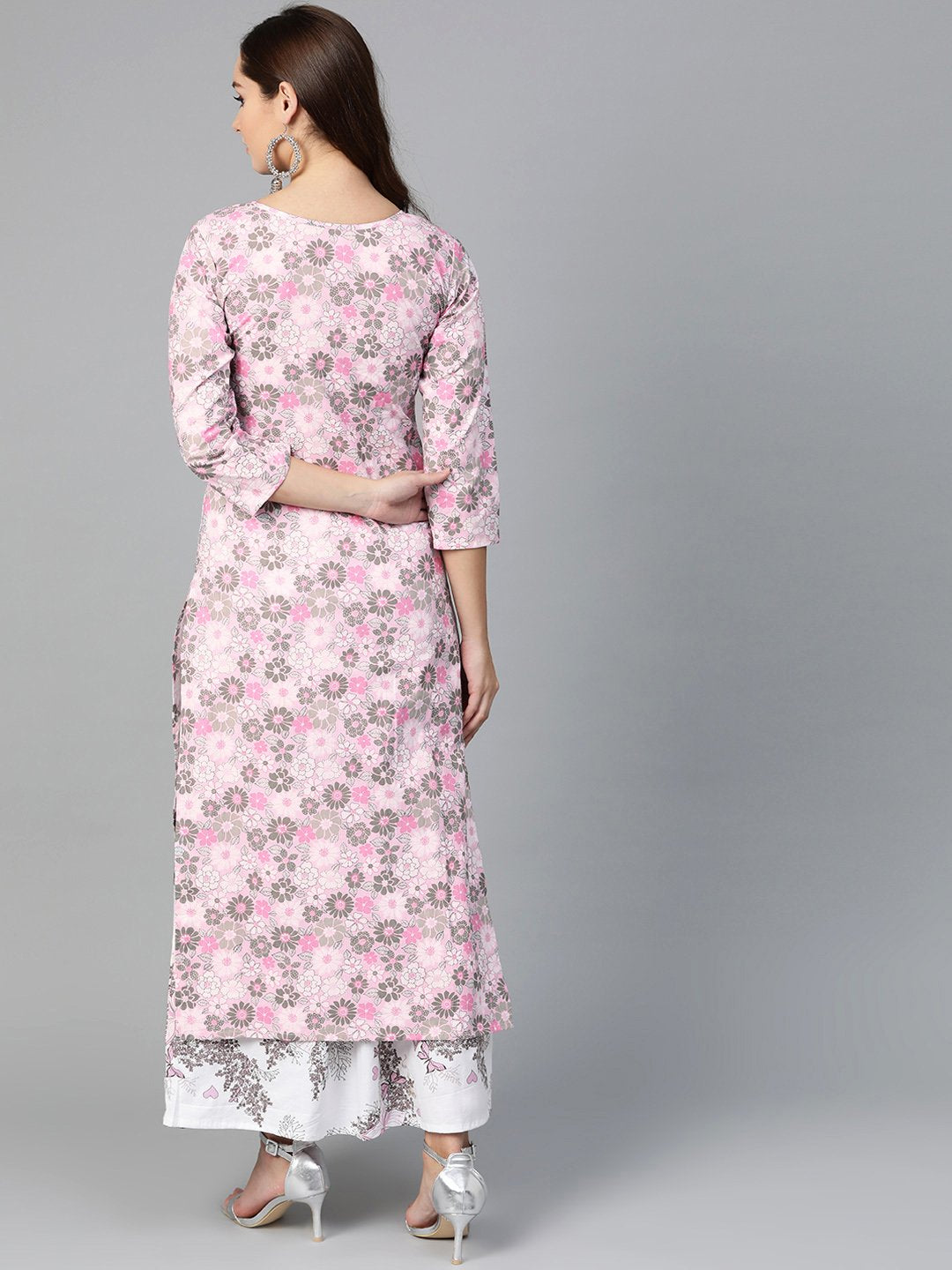 Women Pink & Grey Straight Floral Printed Kurta And Skirt Set | NOZ2TOZ - Made In INDIA.