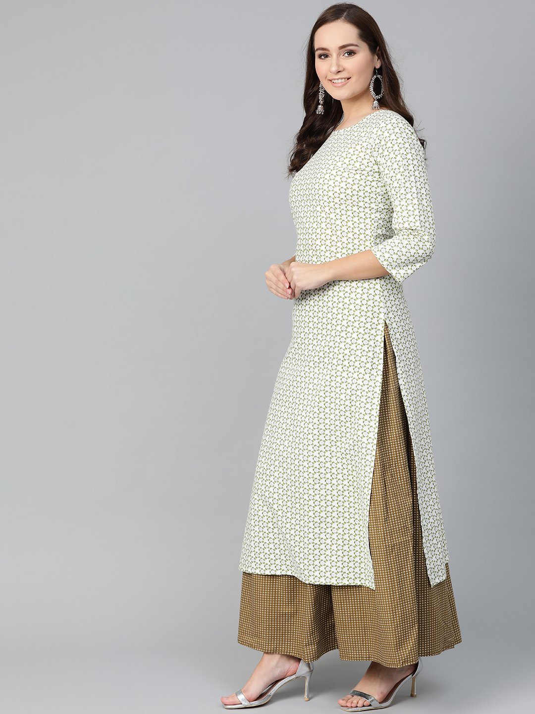 Women White & Green Straight Floral Printed Kurta And Skirt Set | NOZ2TOZ - Made In INDIA.