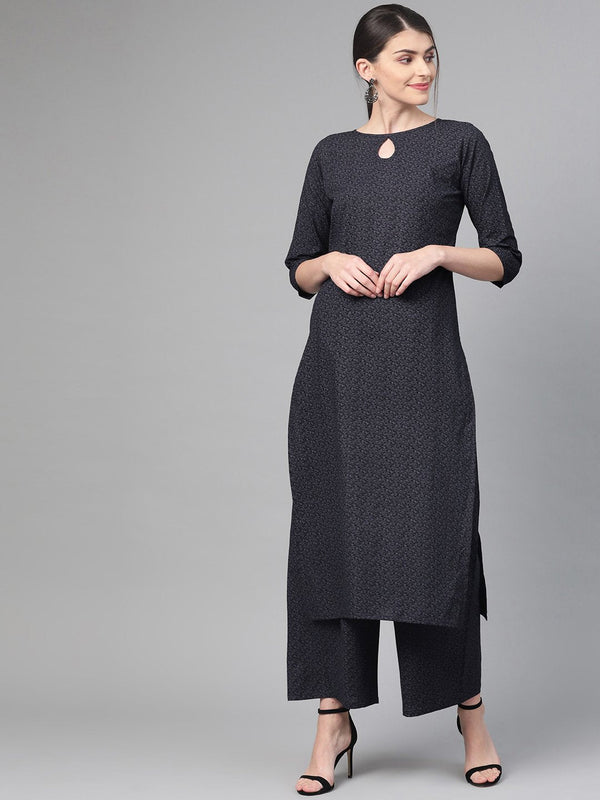 Women Black & Grey Straight Abstract Printed Kurta And Palazzos Set | NOZ2TOZ - Made In INDIA.