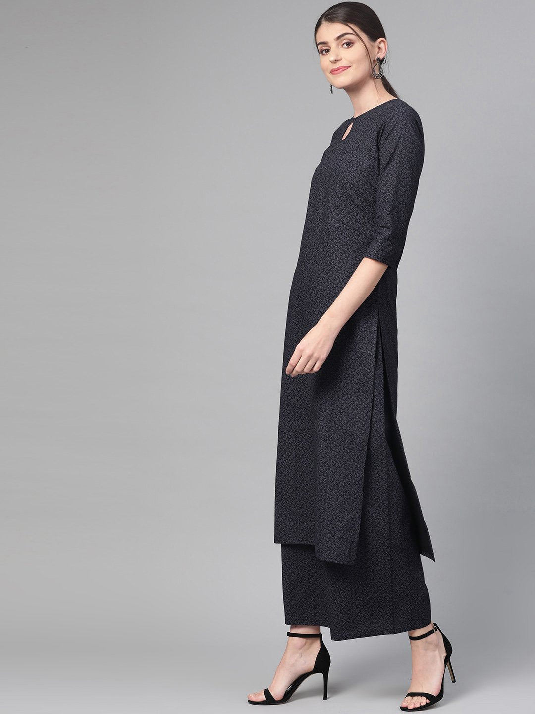 Women Black & Grey Straight Abstract Printed Kurta And Palazzos Set | NOZ2TOZ - Made In INDIA.