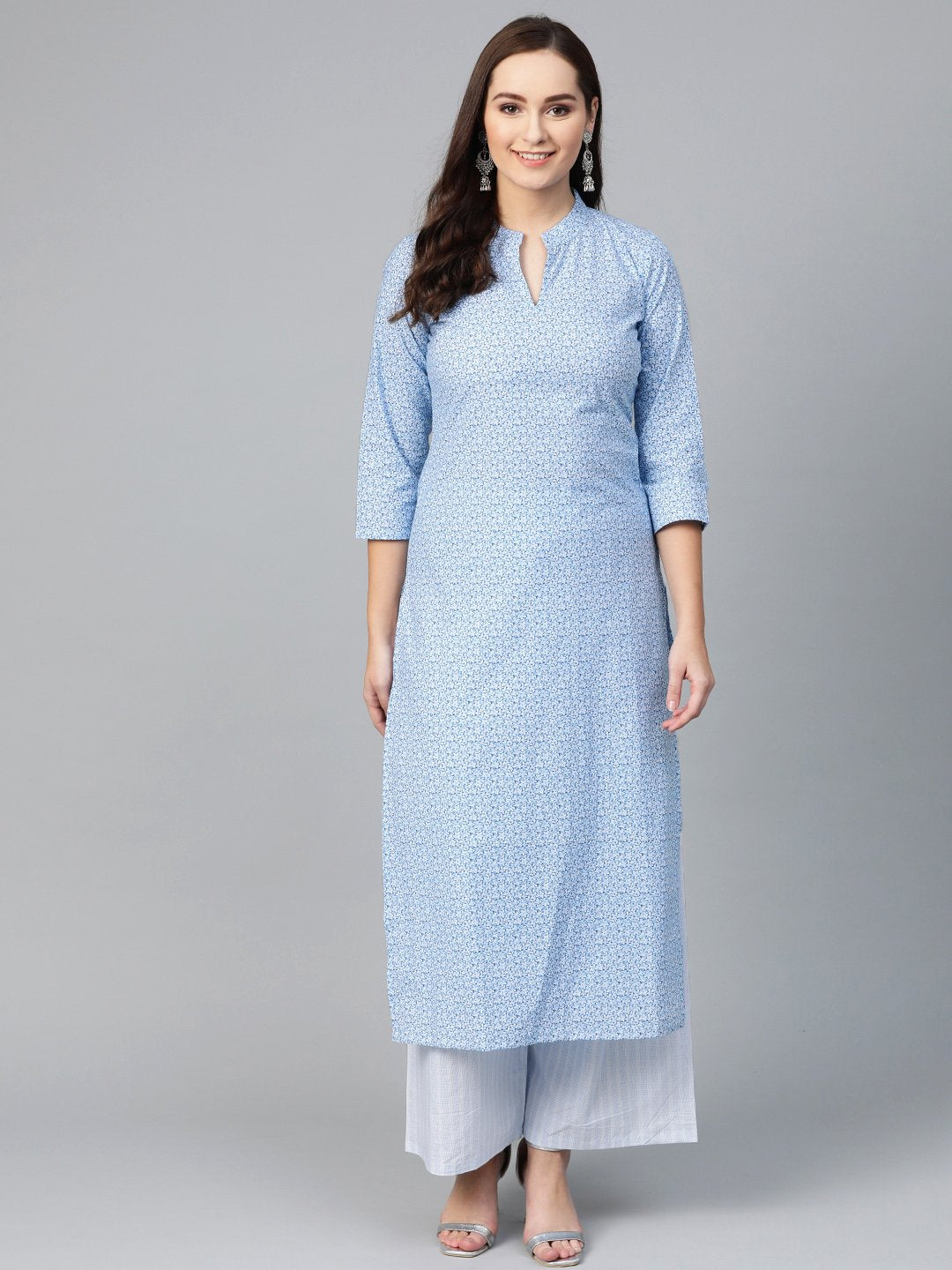 Women Blue & White Straight Floral Printed Kurta And Palazzos Set | NOZ2TOZ - Made In INDIA.