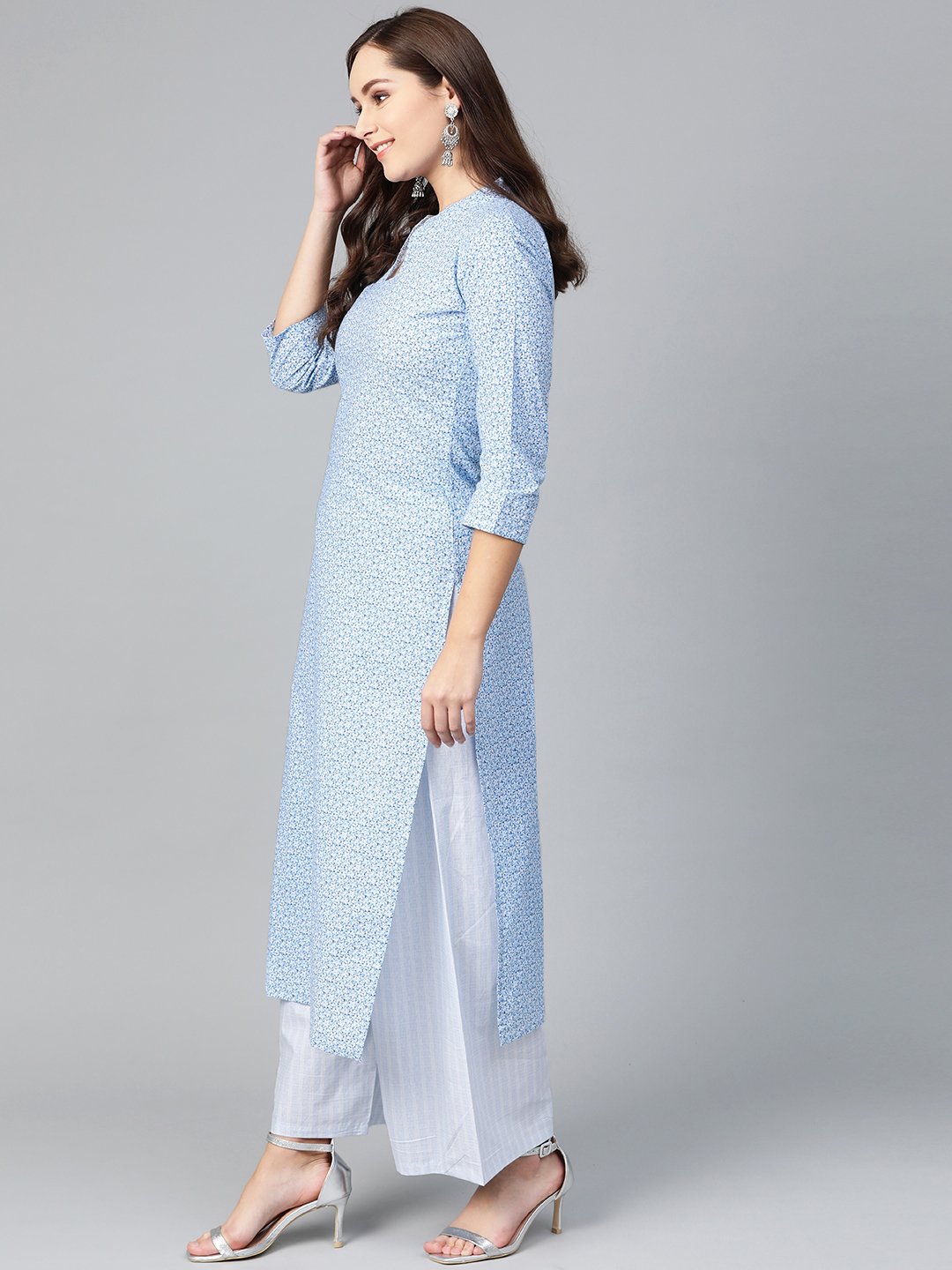 Women Blue & White Straight Floral Printed Kurta And Palazzos Set | NOZ2TOZ - Made In INDIA.