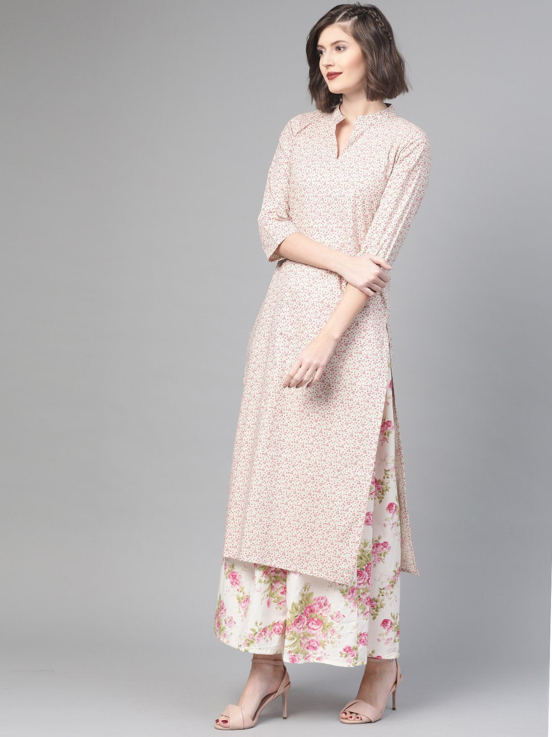 Women Off white & Pink Straight Floral Printed Kurta And Skirt Set | NOZ2TOZ - Made In INDIA.