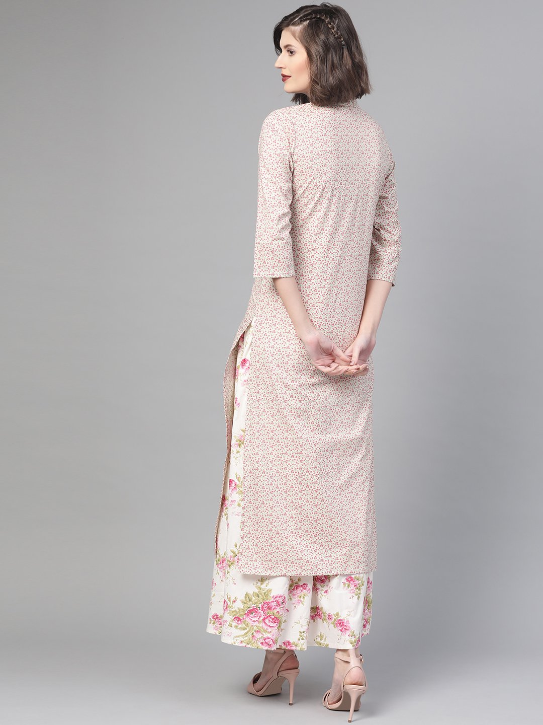 Women Off white & Pink Straight Floral Printed Kurta And Skirt Set | NOZ2TOZ - Made In INDIA.