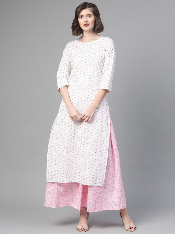 Women White & Pink  Straight Floral Printed Kurta And Skirt Set | NOZ2TOZ - Made In INDIA.