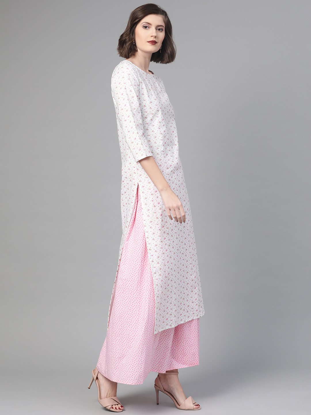 Women White & Pink  Straight Floral Printed Kurta And Skirt Set | NOZ2TOZ - Made In INDIA.