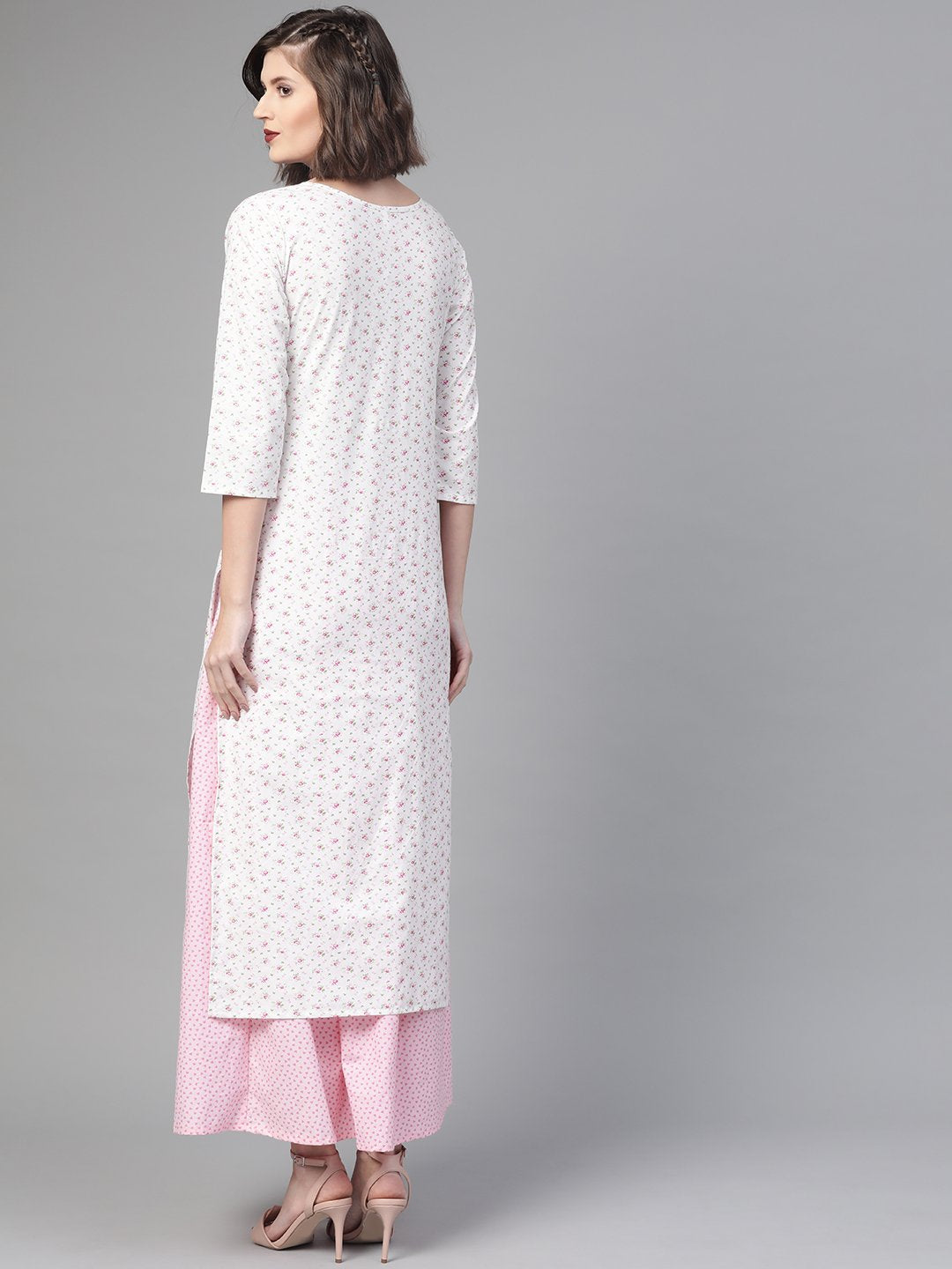 Women White & Pink  Straight Floral Printed Kurta And Skirt Set | NOZ2TOZ - Made In INDIA.