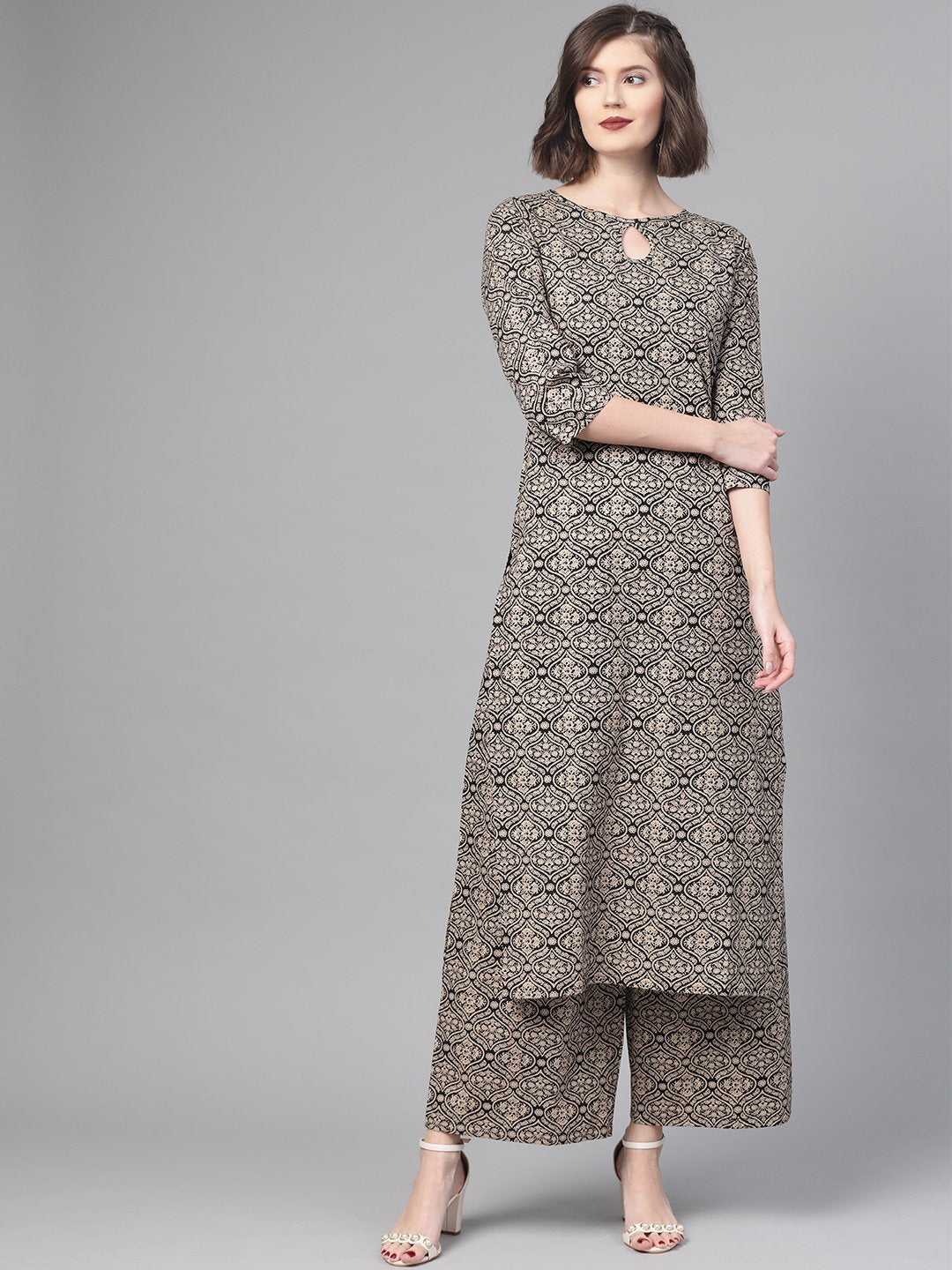 Women Black & Beige Straight Ethnic Motifs Printed Kurta And Palazzos Set | NOZ2TOZ - Made In INDIA.