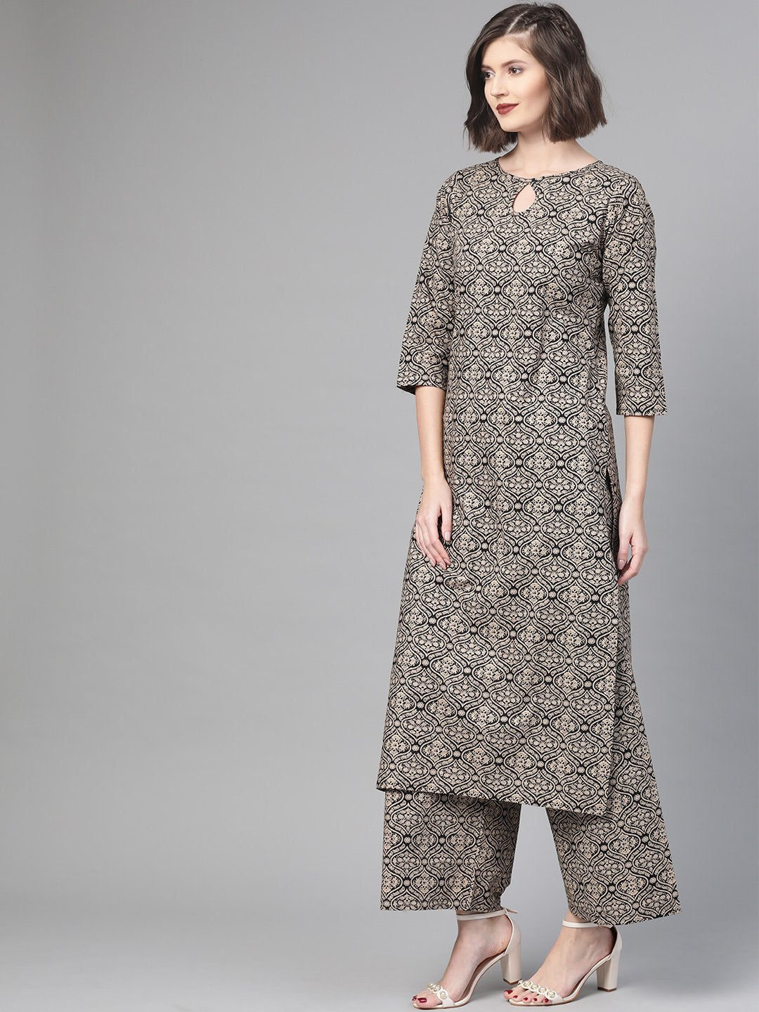 Women Black & Beige Straight Ethnic Motifs Printed Kurta And Palazzos Set | NOZ2TOZ - Made In INDIA.