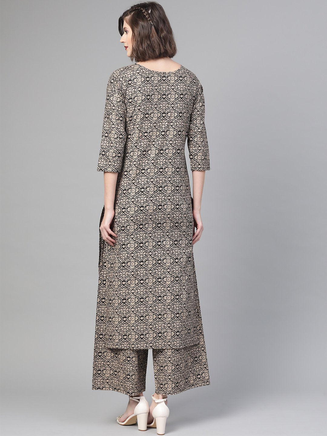 Women Black & Beige Straight Ethnic Motifs Printed Kurta And Palazzos Set | NOZ2TOZ - Made In INDIA.