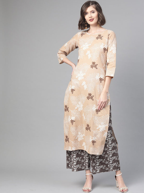 Women Beige & Off white Straight Floral Printed Kurta And Palazzos Set | NOZ2TOZ - Made In INDIA.