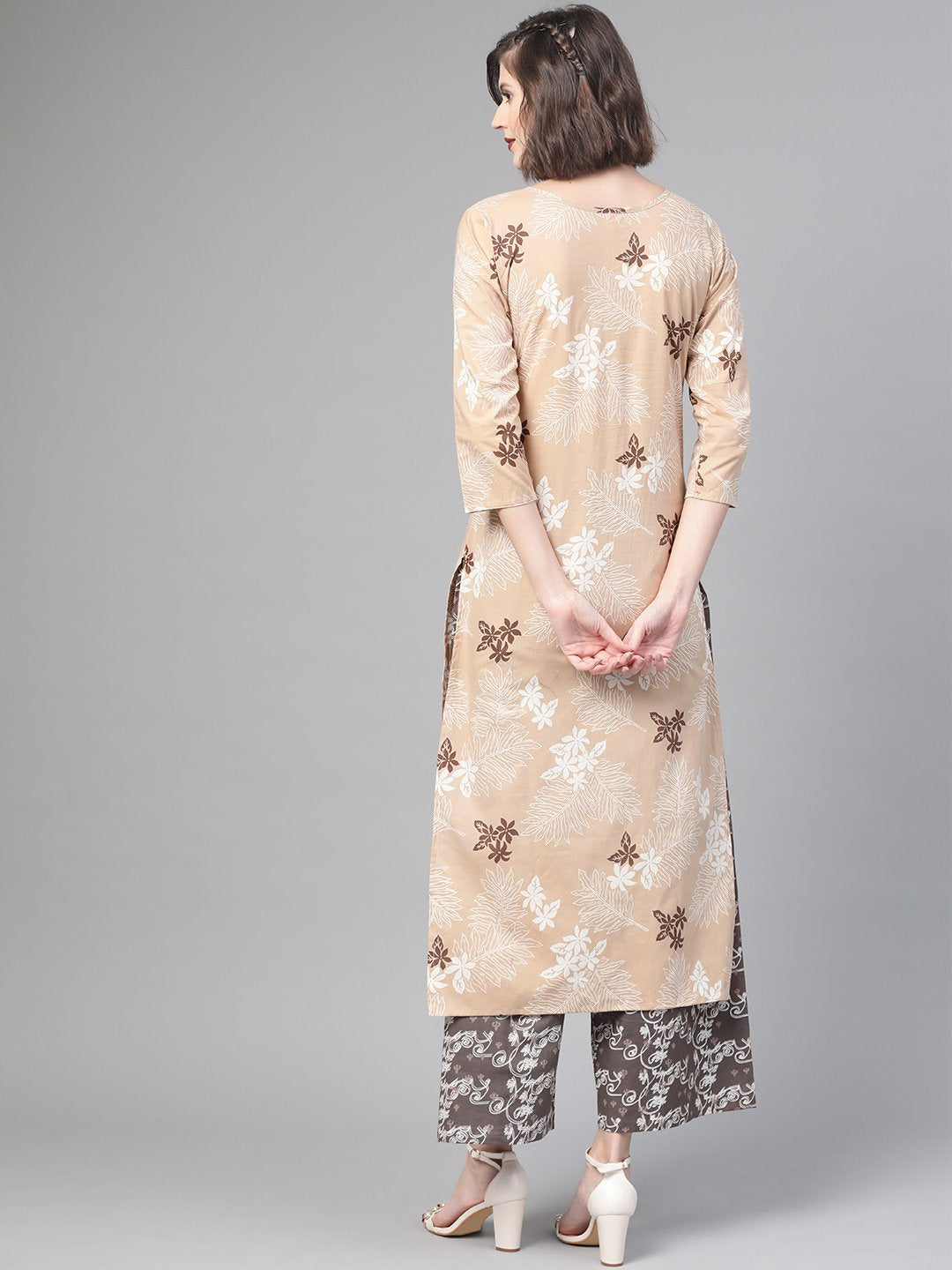 Women Beige & Off white Straight Floral Printed Kurta And Palazzos Set | NOZ2TOZ - Made In INDIA.