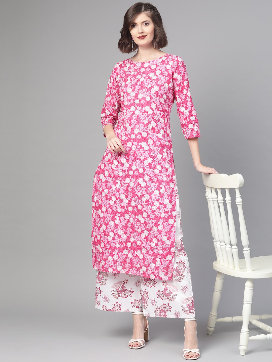 Women Pink & White Straight Floral Printed Kurta And Palazzos Set | NOZ2TOZ - Made In INDIA.