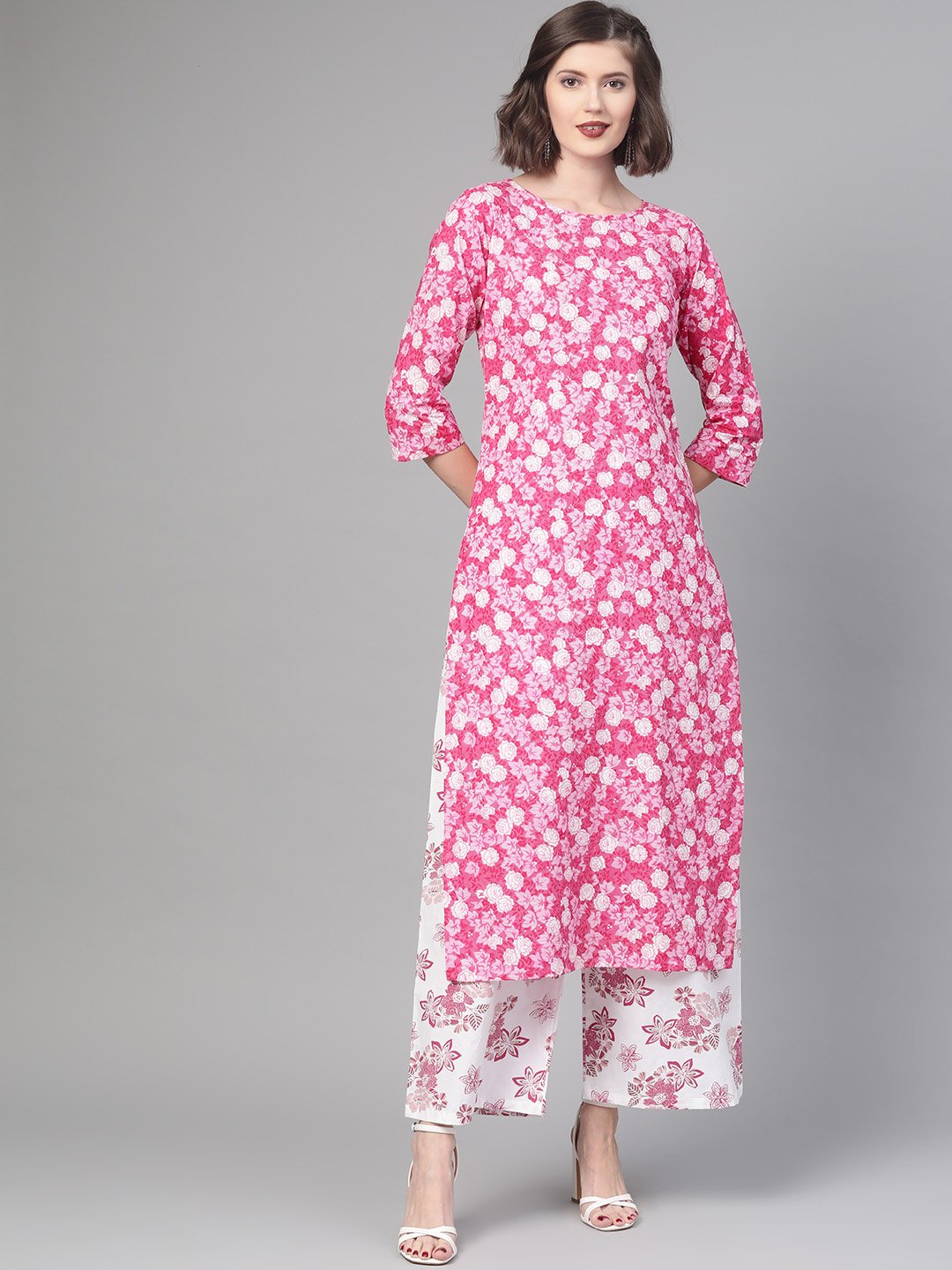 Women Pink & White Straight Floral Printed Kurta And Palazzos Set | NOZ2TOZ - Made In INDIA.