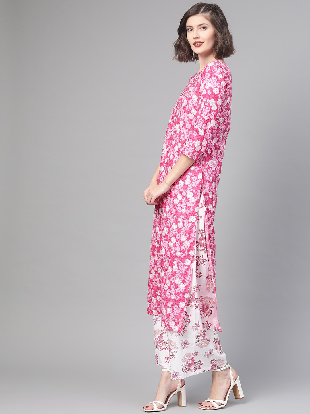 Women Pink & White Straight Floral Printed Kurta And Palazzos Set | NOZ2TOZ - Made In INDIA.