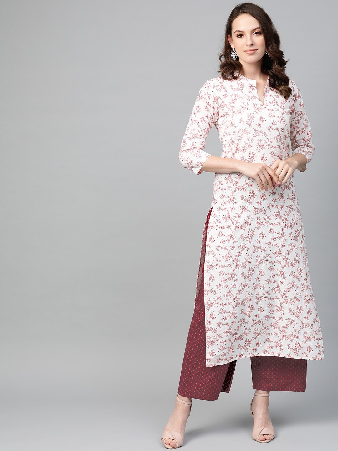 Women Off white & Red Straight Floral Printed Kurta And Palazzos Set | NOZ2TOZ - Made In INDIA.