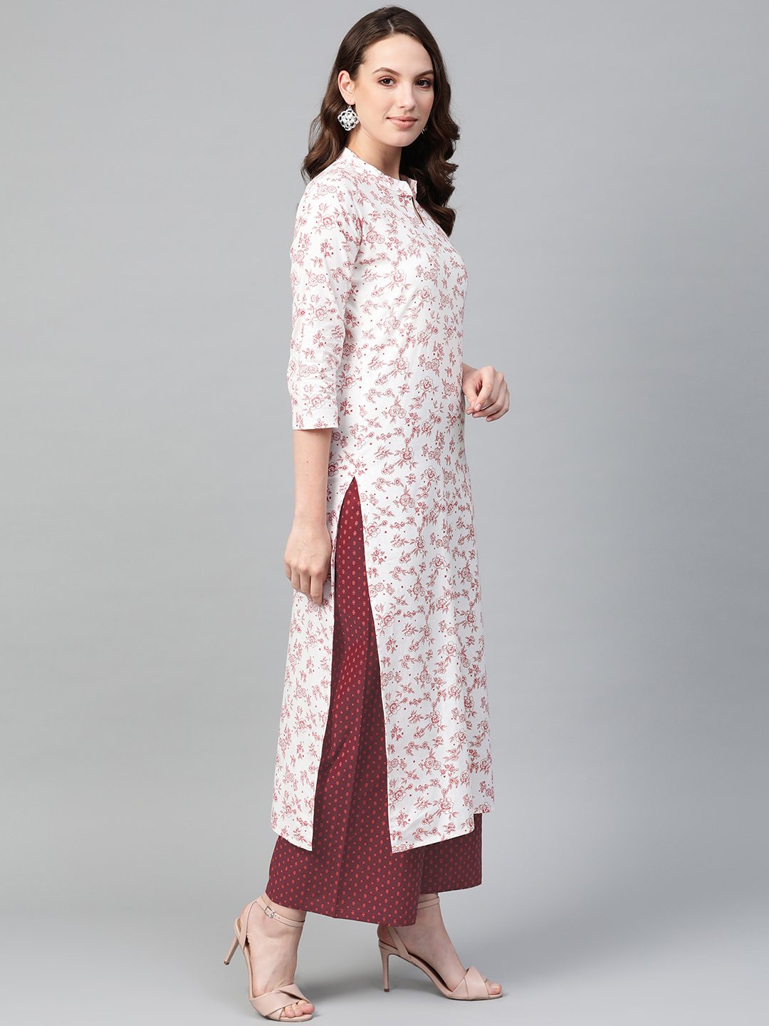 Women Off white & Red Straight Floral Printed Kurta And Palazzos Set | NOZ2TOZ - Made In INDIA.