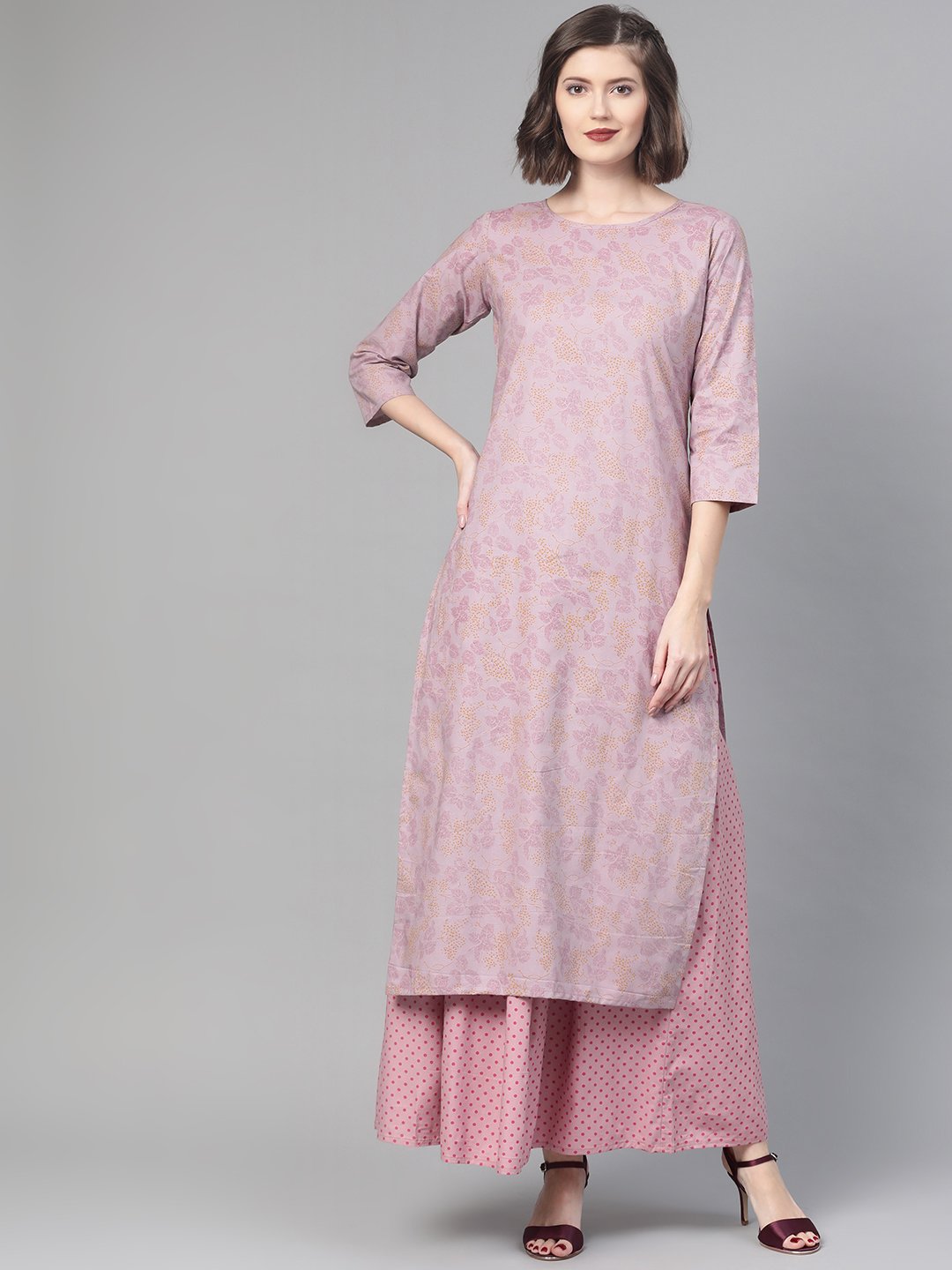 Women Mauve & Pink Straight Floral Printed Kurta And Skirt Set | NOZ2TOZ - Made In INDIA.