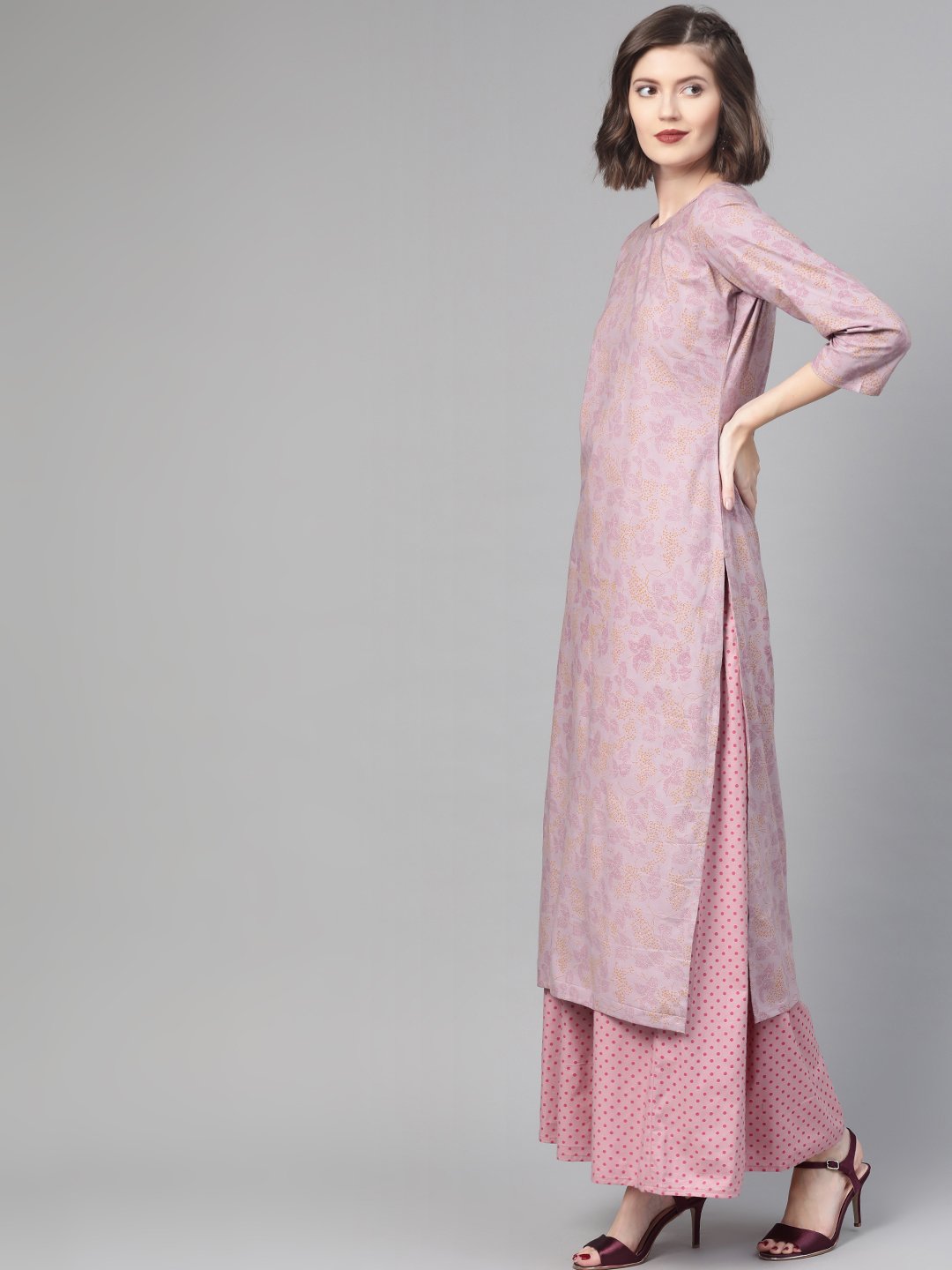 Women Mauve & Pink Straight Floral Printed Kurta And Skirt Set | NOZ2TOZ - Made In INDIA.