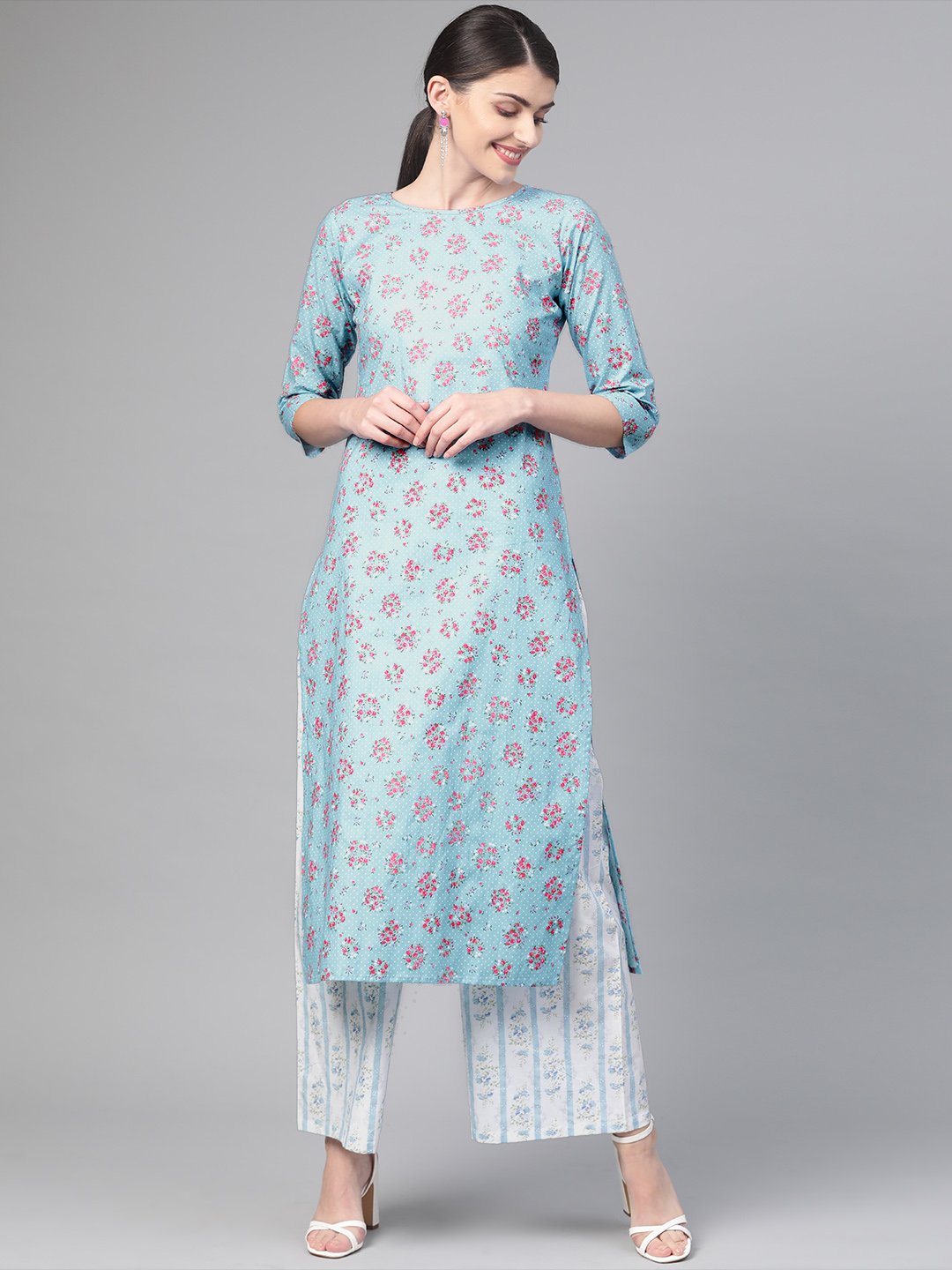 Women Blue & Pink Straight Floral Printed Kurta And Palazzos Set | NOZ2TOZ - Made In INDIA.