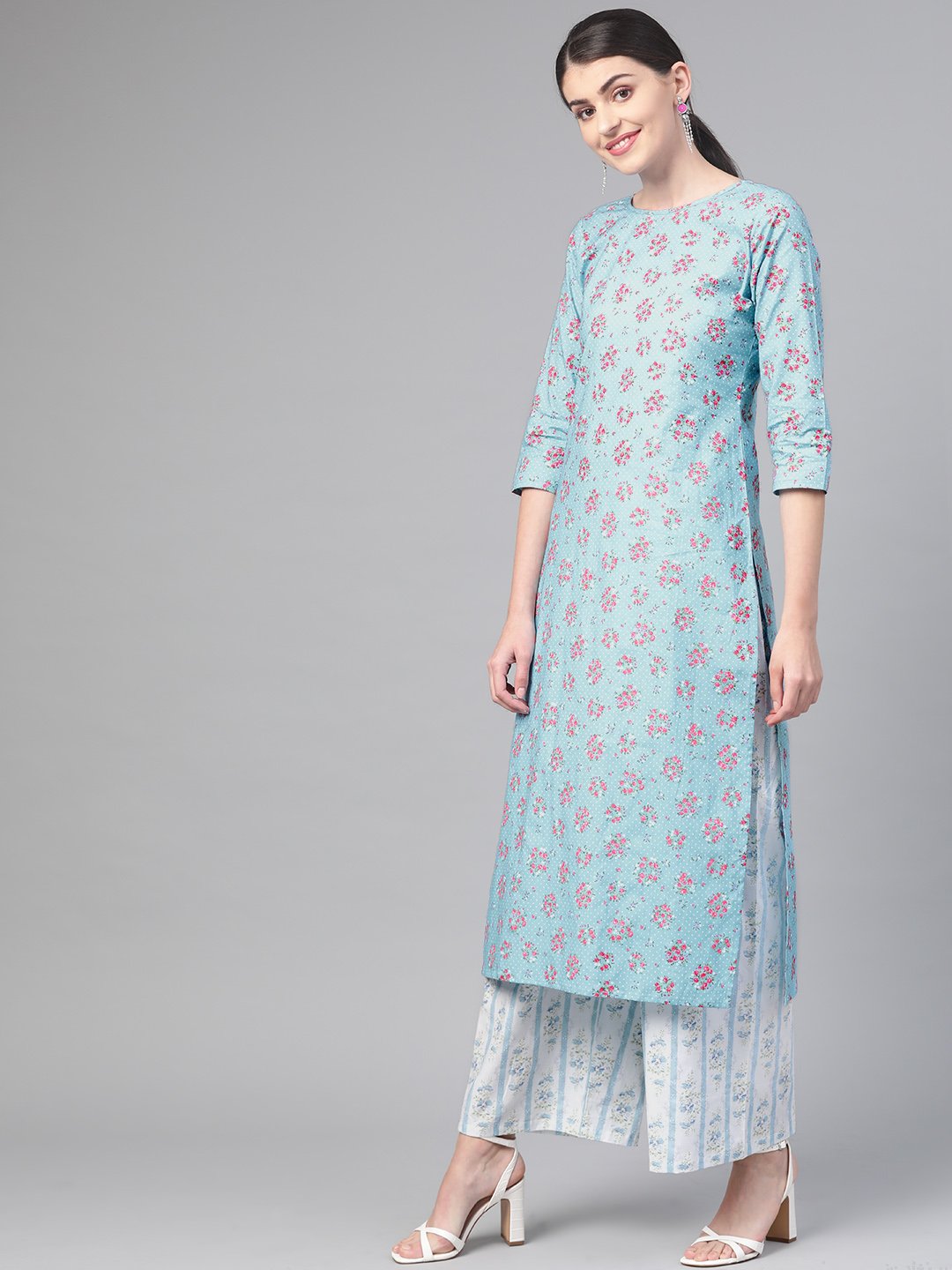 Women Blue & Pink Straight Floral Printed Kurta And Palazzos Set | NOZ2TOZ - Made In INDIA.