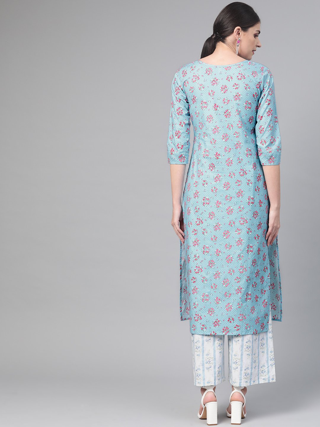 Women Blue & Pink Straight Floral Printed Kurta And Palazzos Set | NOZ2TOZ - Made In INDIA.