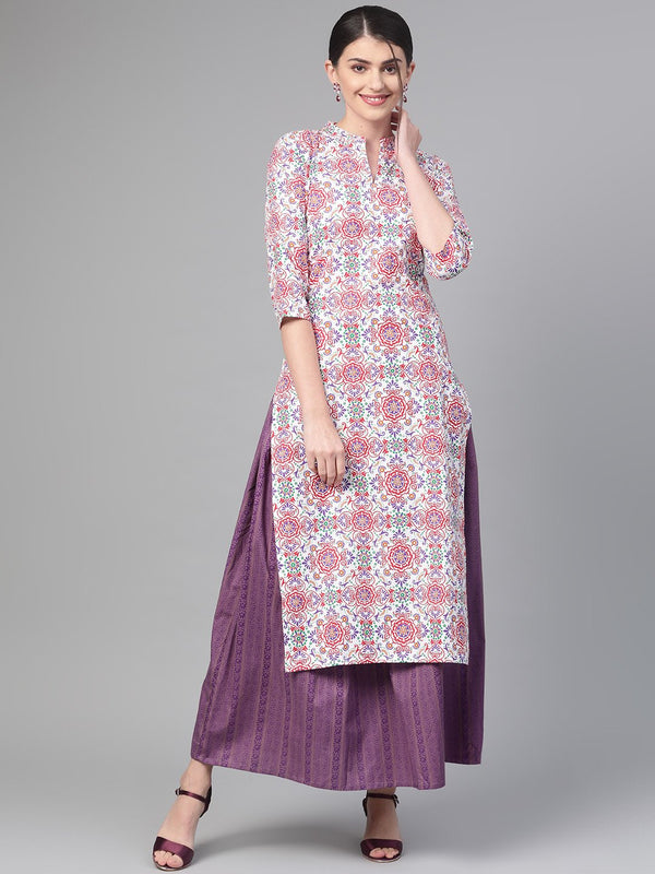 Women White & Red Straight Ethnic Motifs Printed Kurta And Skirt Set | NOZ2TOZ - Made In INDIA.