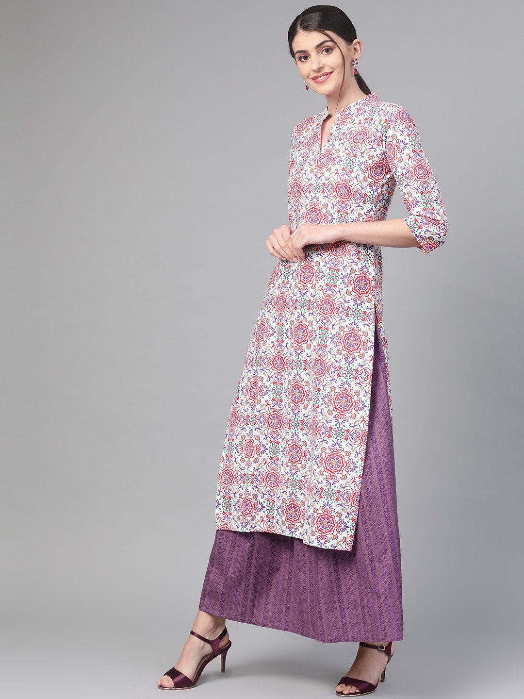 Women White & Red Straight Ethnic Motifs Printed Kurta And Skirt Set | NOZ2TOZ - Made In INDIA.