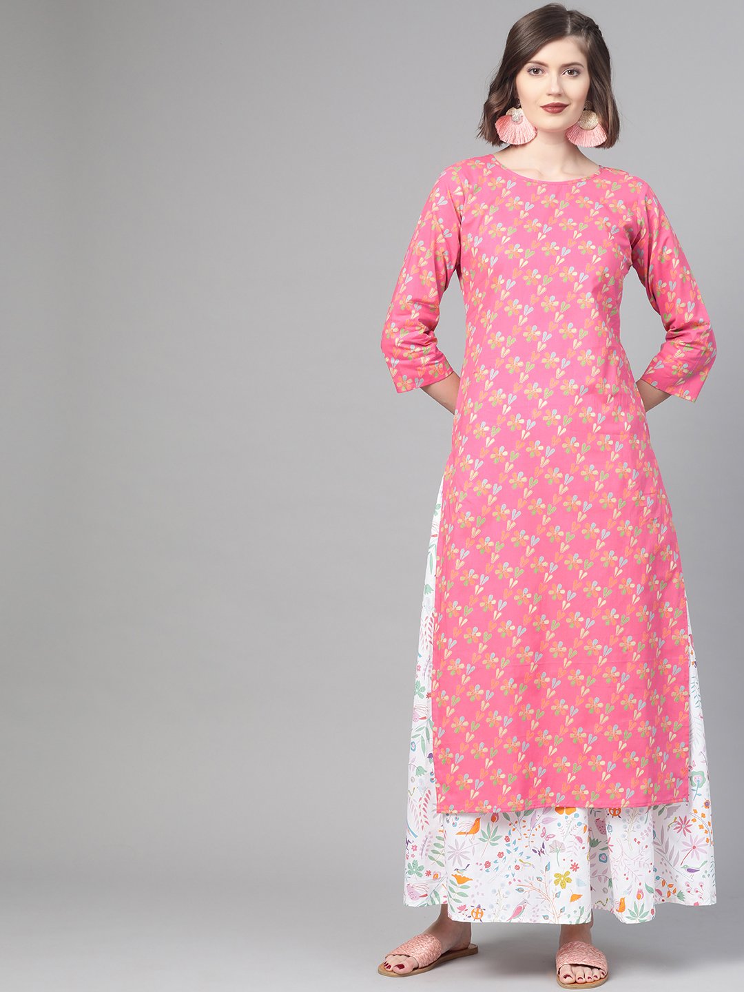 Women Pink & Multi Straight Floral Printed Kurta And Skirt Set | NOZ2TOZ - Made In INDIA.