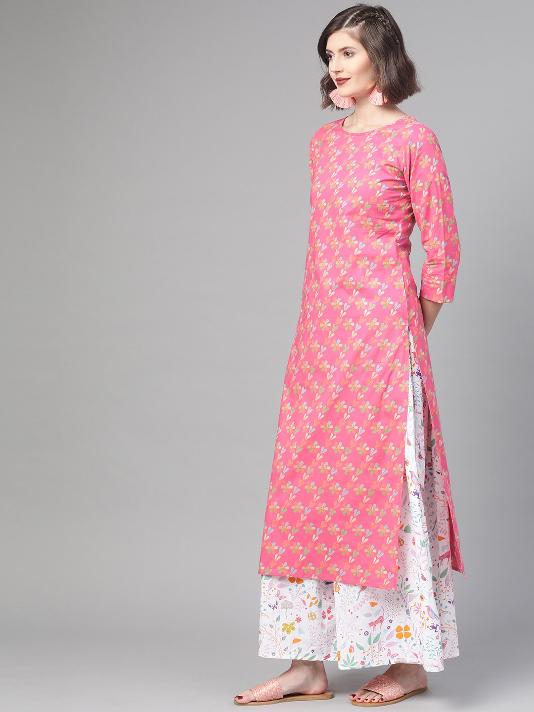 Women Pink & Multi Straight Floral Printed Kurta And Skirt Set | NOZ2TOZ - Made In INDIA.