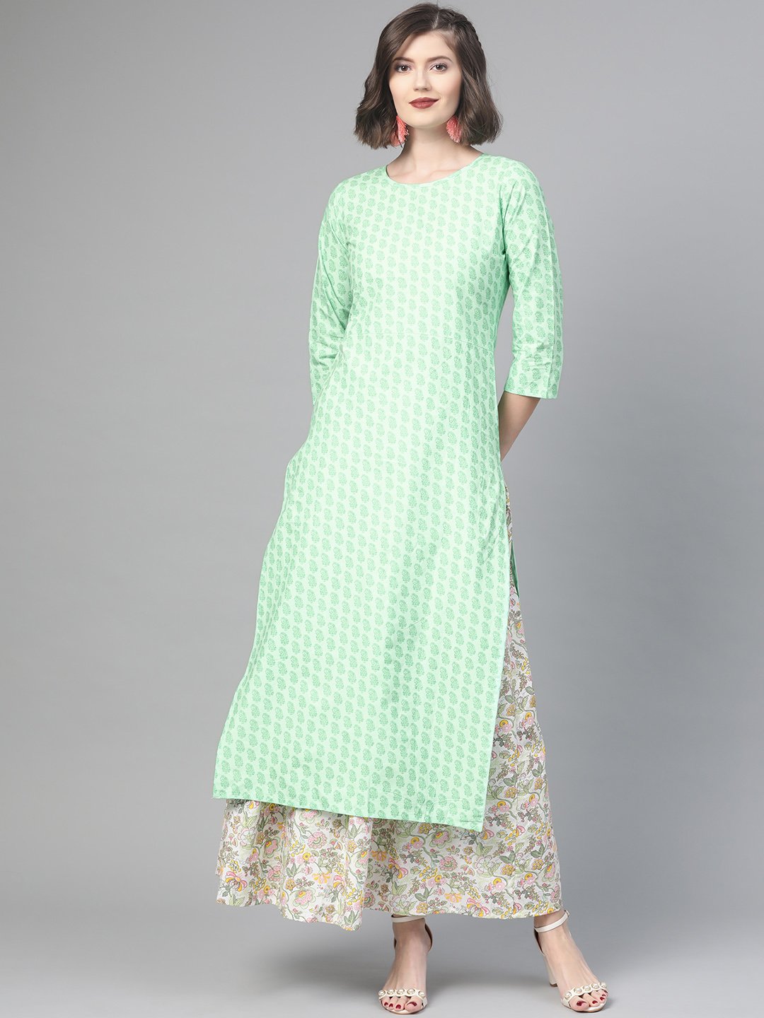 Women Green & Pink Straight Ethnic Motifs Printed Kurta And Skirt Set | NOZ2TOZ - Made In INDIA.