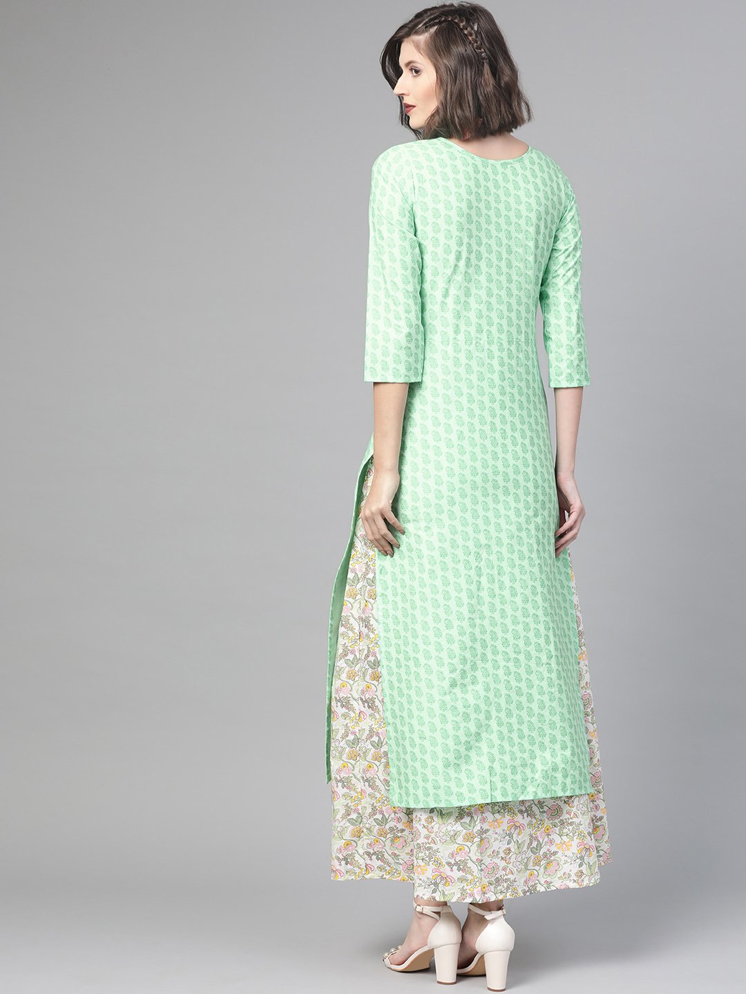 Women Green & Pink Straight Ethnic Motifs Printed Kurta And Skirt Set | NOZ2TOZ - Made In INDIA.