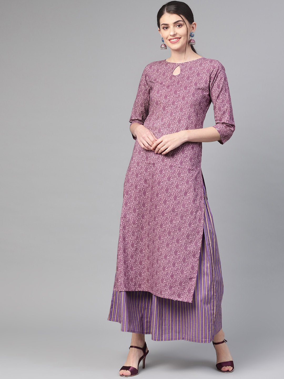 Women Mauve & Purple Straight Paisley Printed Kurta And Skirt Set | NOZ2TOZ - Made In INDIA.