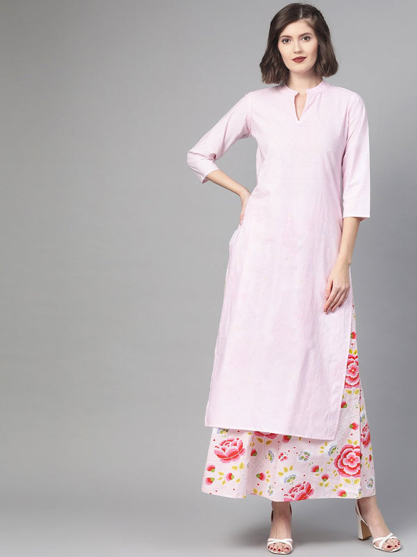 Women Pink & Red Straight Checked Printed Kurta And Skirt Set | NOZ2TOZ - Made In INDIA.