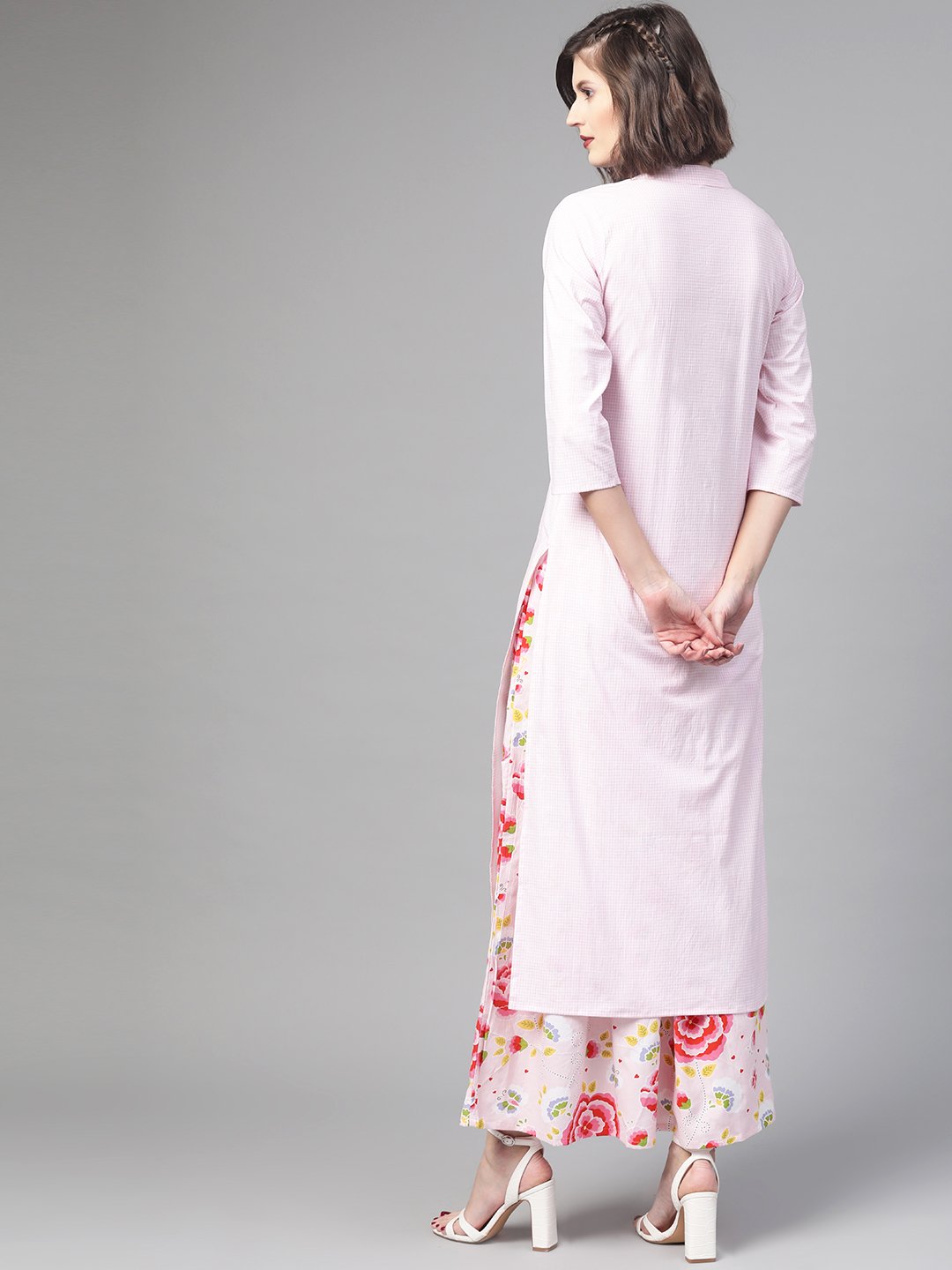 Women Pink & Red Straight Checked Printed Kurta And Skirt Set | NOZ2TOZ - Made In INDIA.